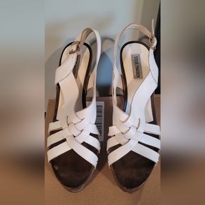 Steve Madden white strappy sandals with wooden heels, size 11